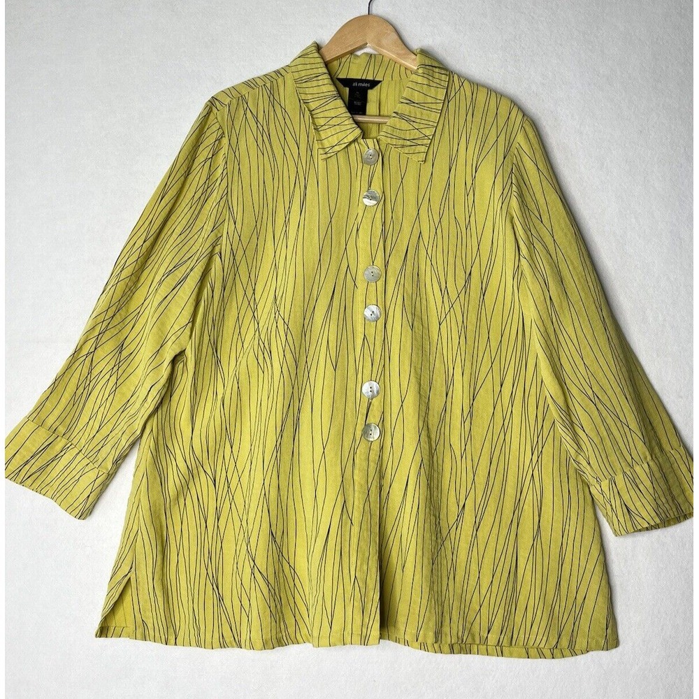 Ali Miles Yellow-Green Striped Button-Front Tunic